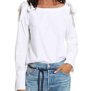 NWT FRAME Denim ‘Bow Cold Shoulder Cotton Blouse’ in “Blanc” White Size XS